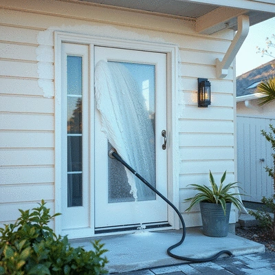User cleaning home exterior using gentle softwashing techniques