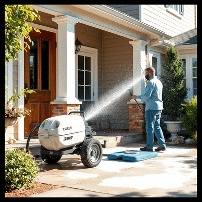 Soft washing equipment in use